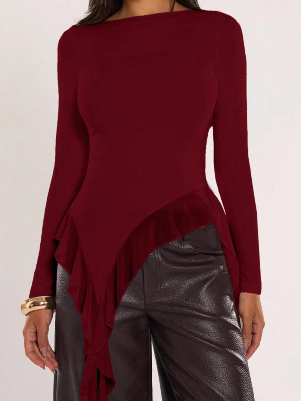 Burgundy Casual Women's Round Neck Long Sleeve Asymmetrical Hem Slim Fit Top - Picture 6 of 6